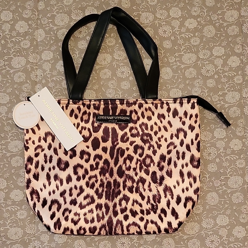 NEW Adrienne Vittadini Leopard Print Insulated Lunch Tote Bag - Black & Tan